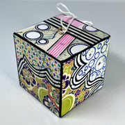 3-D CUBE ART #10 by Mary-Jo Lough, hand-painted 2.25” cube made from solid wood, featuring vibrant abstract art and layered details.