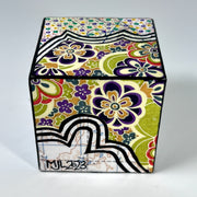 3-D CUBE ART #10 by Mary-Jo Lough, hand-painted 2.25” cube made from solid wood, featuring vibrant abstract art and layered details.