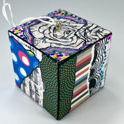 3-D CUBE ART #11 by Mary-Jo Lough, hand-painted 2.25” cube made from solid wood, featuring vibrant abstract art and layered details.