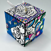 3-D CUBE ART #11 by Mary-Jo Lough, hand-painted 2.25” cube made from solid wood, featuring vibrant abstract art and layered details.