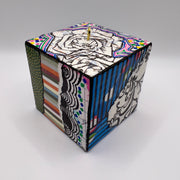 3-D CUBE ART #11 by Mary-Jo Lough, hand-painted 2.25” cube made from solid wood, featuring vibrant abstract art and layered details.