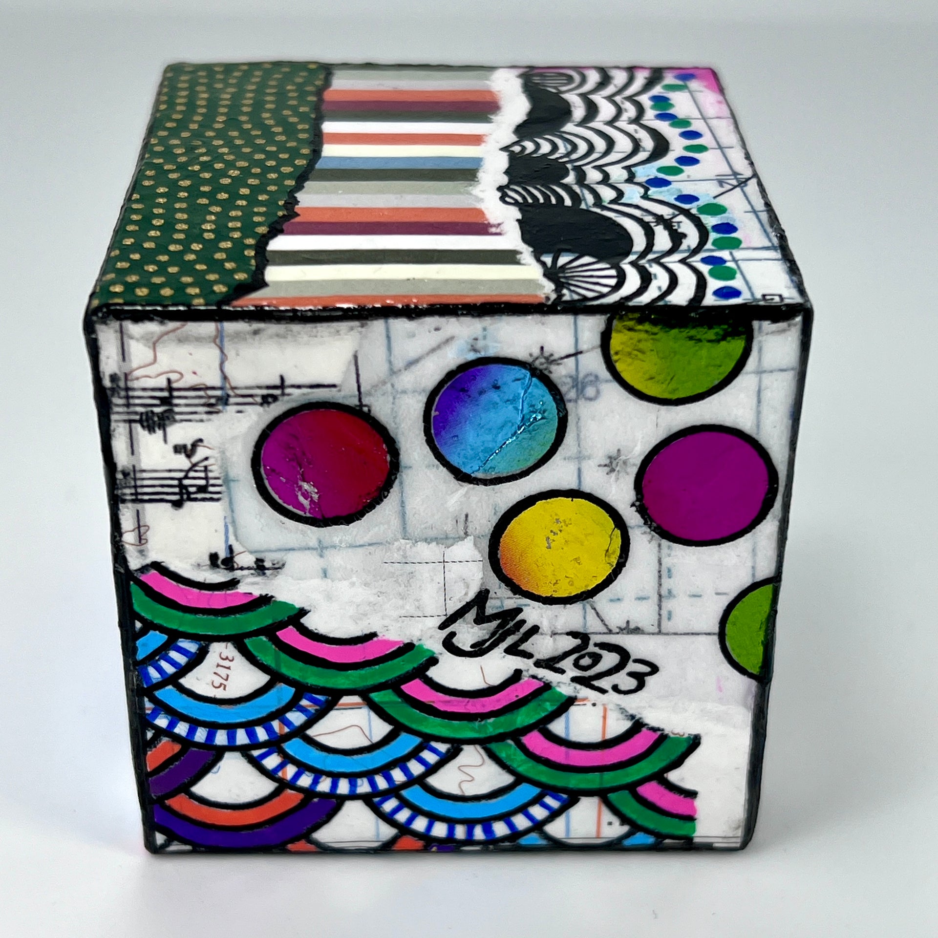 3-D CUBE ART #11 by Mary-Jo Lough, hand-painted 2.25” cube made from solid wood, featuring vibrant abstract art and layered details.