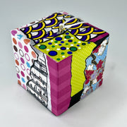 3-D CUBE ART #12 by Mary-Jo Lough, hand-painted 2.25” cube made from solid wood, featuring vibrant abstract art and layered details.