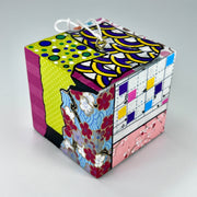 3-D CUBE ART 12 by Mary-Jo Lough, hand-painted 2.25” cube made from solid wood, featuring vibrant abstract art and layered details.