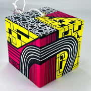 3-D CUBE ART #14 by Mary-Jo Lough, hand-painted 2.25” cube made from solid wood, featuring vibrant abstract art and layered details.