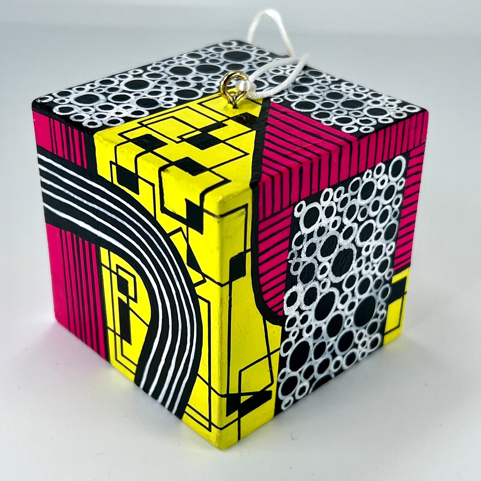 3-D CUBE ART #14 by Mary-Jo Lough, hand-painted 2.25” cube made from solid wood, featuring vibrant abstract art and layered details.