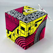 3-D CUBE ART #14 by Mary-Jo Lough, hand-painted 2.25” cube made from solid wood, featuring vibrant abstract art and layered details.