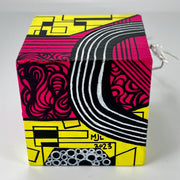 3-D CUBE ART #14 by Mary-Jo Lough, hand-painted 2.25” cube made from solid wood, featuring vibrant abstract art and layered details.