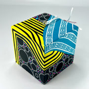 3-D CUBE ART #16 by Mary-Jo Lough, hand-painted 2.25” cube made from solid wood, featuring vibrant abstract art and layered details.