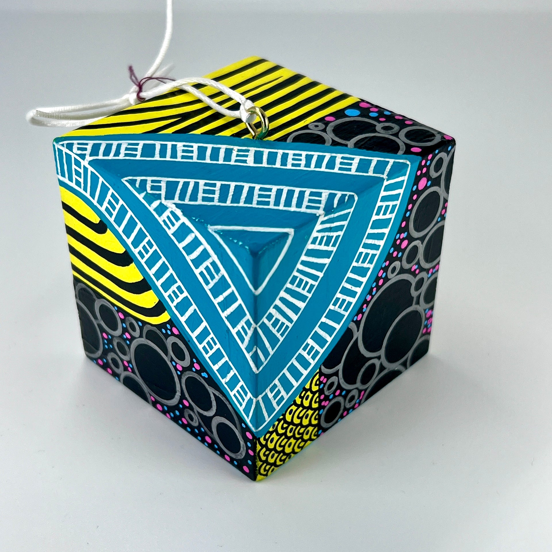 3-D CUBE ART #16 by Mary-Jo Lough, hand-painted 2.25” cube made from solid wood, featuring vibrant abstract art and layered details.