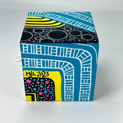 3-D CUBE ART #16 by Mary-Jo Lough, hand-painted 2.25” cube made from solid wood, featuring vibrant abstract art and layered details.