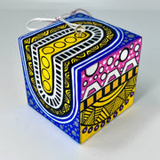 3-D CUBE ART #17 by Mary-Jo Lough, hand-painted 2.25” cube made from solid wood, featuring vibrant abstract art and layered details.