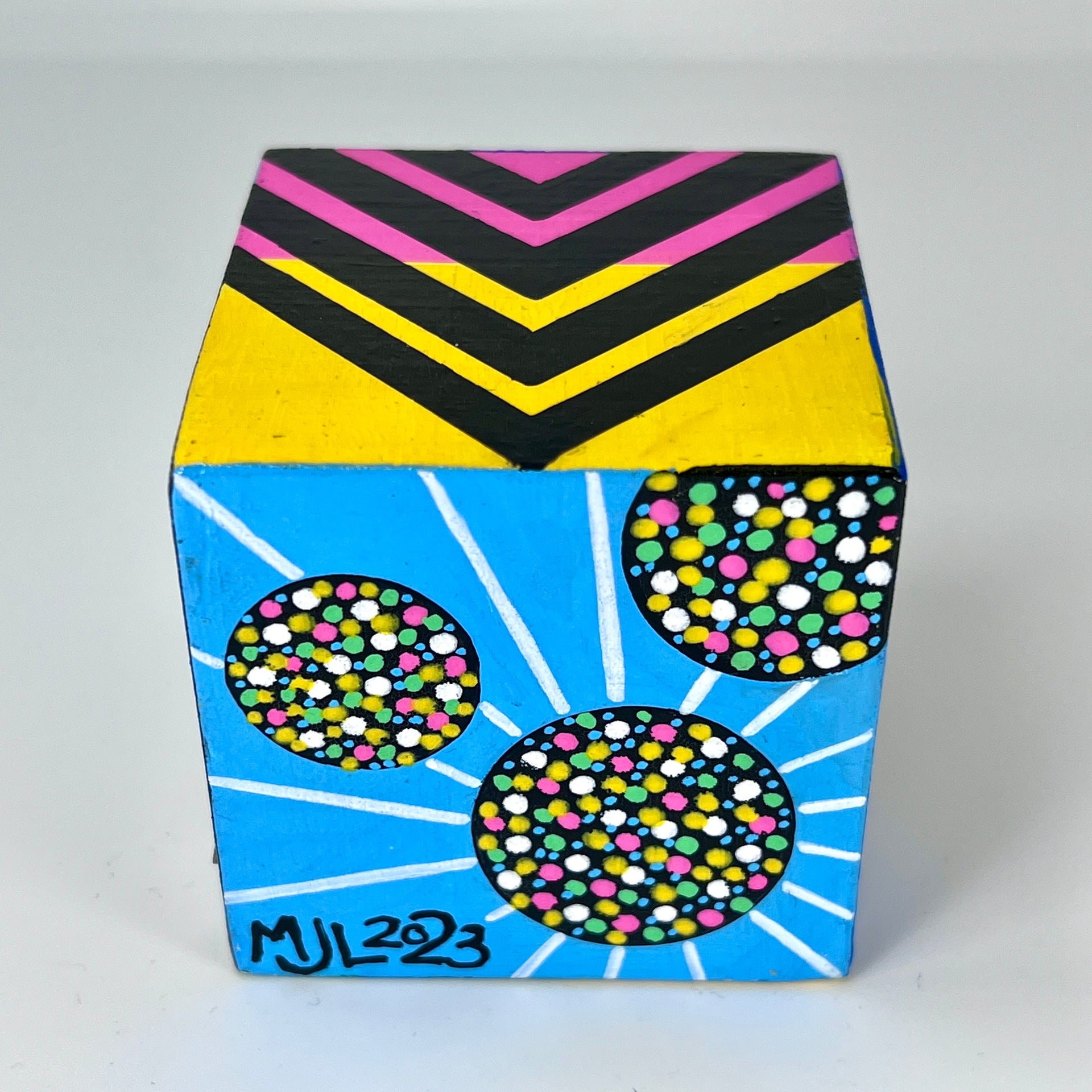 3-D CUBE ART #17 by Mary-Jo Lough, hand-painted 2.25” cube made from solid wood, featuring vibrant abstract art and layered details.