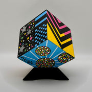 3-D CUBE ART #17 by Mary-Jo Lough, hand-painted 2.25” cube made from solid wood, featuring vibrant abstract art and layered details.