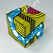 3-D CUBE ART #18 by Mary-Jo Lough, hand-painted 2.25” cube made from solid wood, featuring vibrant abstract art and layered details.