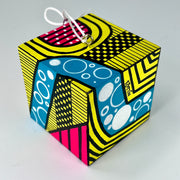 3-D CUBE ART #18 by Mary-Jo Lough, hand-painted 2.25” cube made from solid wood, featuring vibrant abstract art and layered details.