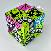 3-D CUBE ART #19 by Mary-Jo Lough, hand-painted 2.25” cube made from solid wood, featuring vibrant abstract art and layered details.