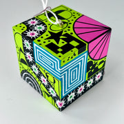 3-D CUBE ART #19 by Mary-Jo Lough, hand-painted 2.25” cube made from solid wood, featuring vibrant abstract art and layered details.