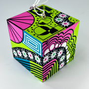 3-D CUBE ART #19 by Mary-Jo Lough, hand-painted 2.25” cube made from solid wood, featuring vibrant abstract art and layered details.