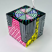 3-D CUBE ART #20 by Mary-Jo Lough, hand-painted 2.25” cube made from solid wood, featuring vibrant abstract art and layered details.