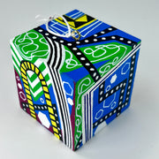 3-D CUBE ART #22 by Mary-Jo Lough, hand-painted 2.25” cube made from solid wood, featuring vibrant abstract art and layered details.