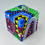 3-D CUBE ART #22 by Mary-Jo Lough, hand-painted 2.25” cube made from solid wood, featuring vibrant abstract art and layered details.