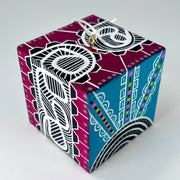 3-D CUBE ART #23 by Mary-Jo Lough, hand-painted 2.25” cube made from solid wood, featuring vibrant abstract art and layered details.