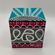 3-D CUBE ART #23 by Mary-Jo Lough, hand-painted 2.25” cube made from solid wood, featuring vibrant abstract art and layered details.