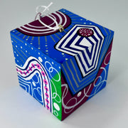 3-D CUBE ART #24 by Mary-Jo Lough, hand-painted 2.25” cube made from solid wood, featuring vibrant abstract art and layered details.