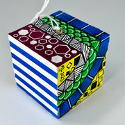 3-D CUBE ART #28 by Mary-Jo Lough, hand-painted 2.25” cube made from solid wood, featuring vibrant abstract art and layered details.