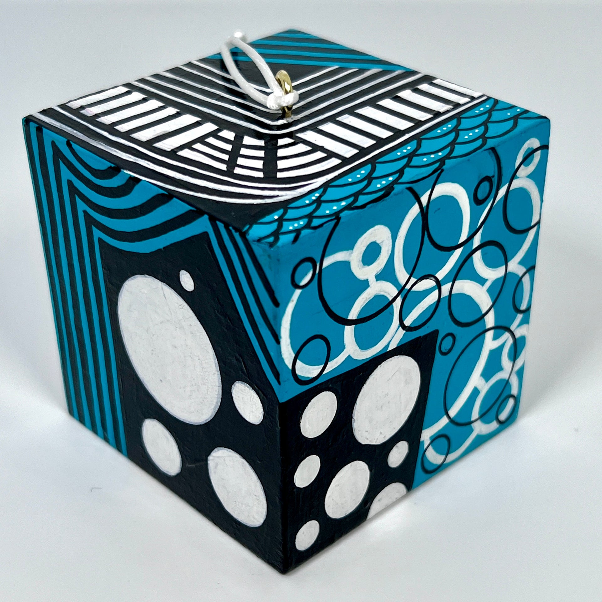 3-D CUBE ART #3 by Mary-Jo Lough, hand-painted 2.25” cube made from solid wood, featuring vibrant abstract art and layered details.