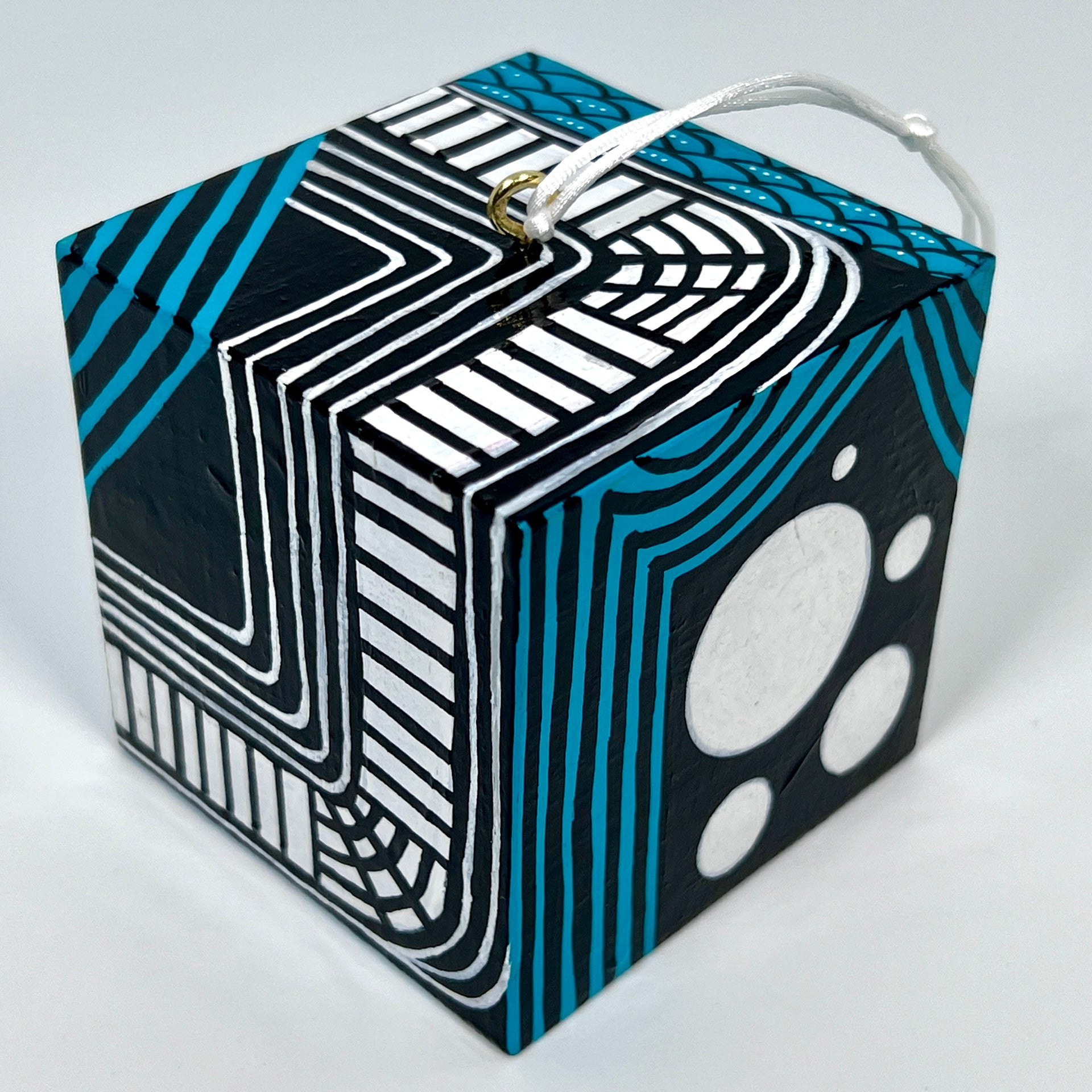 3-D CUBE ART #3 by Mary-Jo Lough, hand-painted 2.25” cube made from solid wood, featuring vibrant abstract art and layered details.