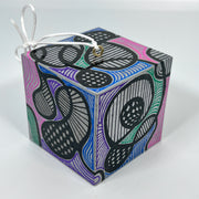 3-D CUBE ART #6 by Mary-Jo Lough, hand-painted 2.25” cube made from solid wood, featuring vibrant abstract art and layered details.