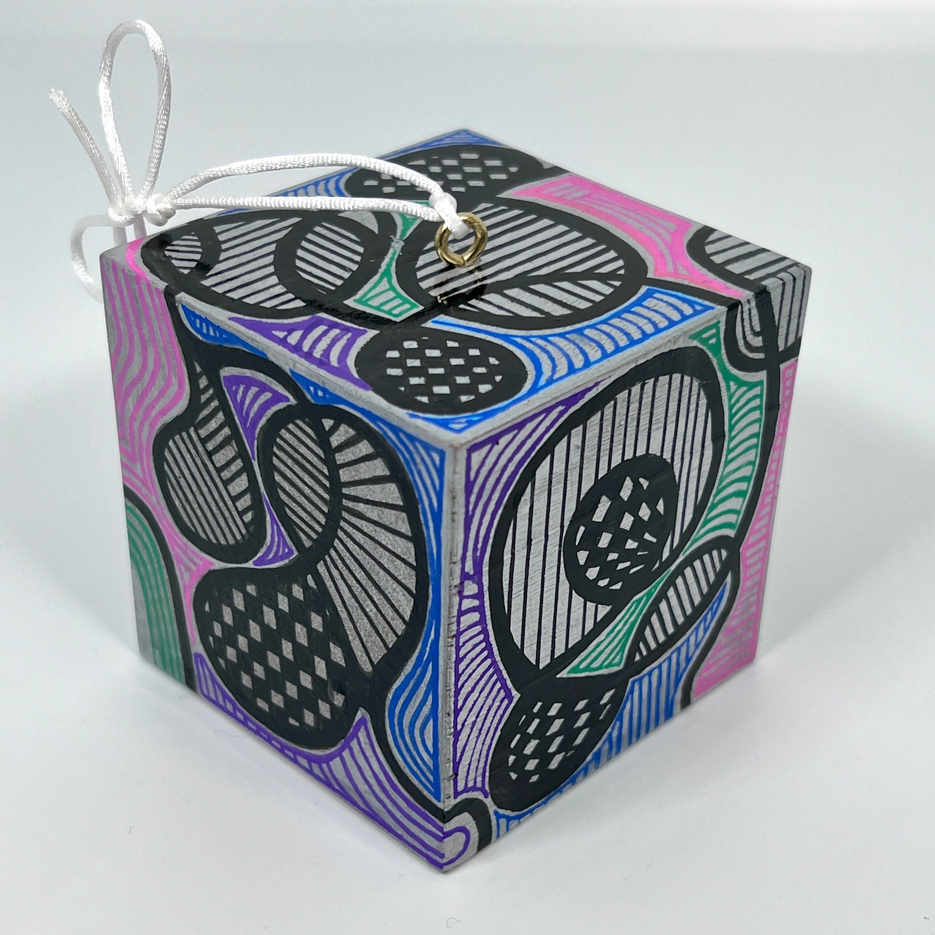 3-D CUBE ART #6 by Mary-Jo Lough, hand-painted 2.25” cube made from solid wood, featuring vibrant abstract art and layered details.