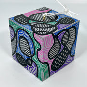 3-D CUBE ART #6 by Mary-Jo Lough, hand-painted 2.25” cube made from solid wood, featuring vibrant abstract art and layered details.