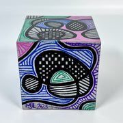 3-D CUBE ART #6 by Mary-Jo Lough, hand-painted 2.25” cube made from solid wood, featuring vibrant abstract art and layered details.