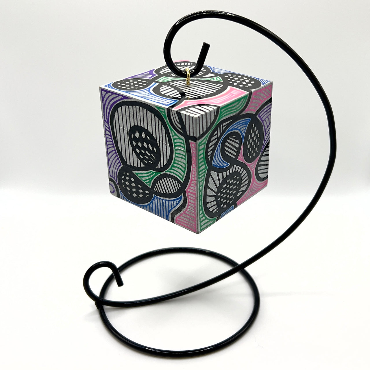 3-D CUBE ART #6 by Mary-Jo Lough, hand-painted 2.25” cube made from solid wood, featuring vibrant abstract art and layered details.