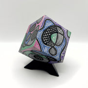 3-D CUBE ART #6 by Mary-Jo Lough, hand-painted 2.25” cube made from solid wood, featuring vibrant abstract art and layered details.