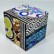 3-D CUBE ART #7 by Mary-Jo Lough, hand-painted 2.25” cube made from solid wood, featuring vibrant abstract art and layered details.