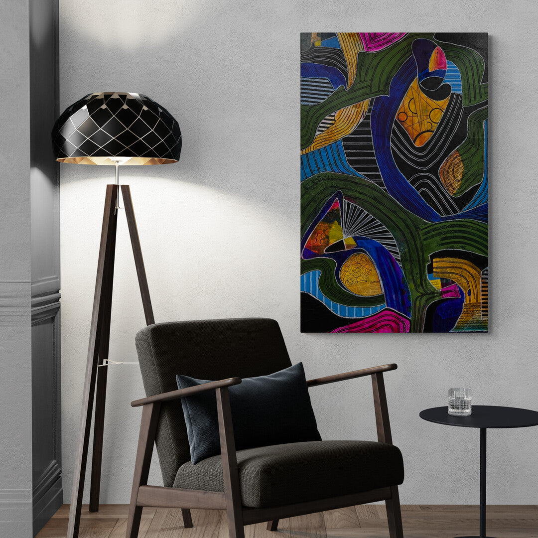 Abstract artwork titled 'Chromatic Navigation' featuring bold colors and parallel lines, representing movement and complexity, inspired by the intricacies of life's pathways on a wall in a room with a chair and tall floor lamp.