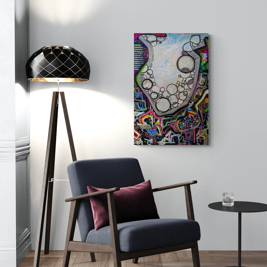 GRAFFITI HEART by Mary-Jo Lough, 24" x 36" vibrant abstract artwork on wall in room blending urban artistry with themes of emotion and inner journeys.