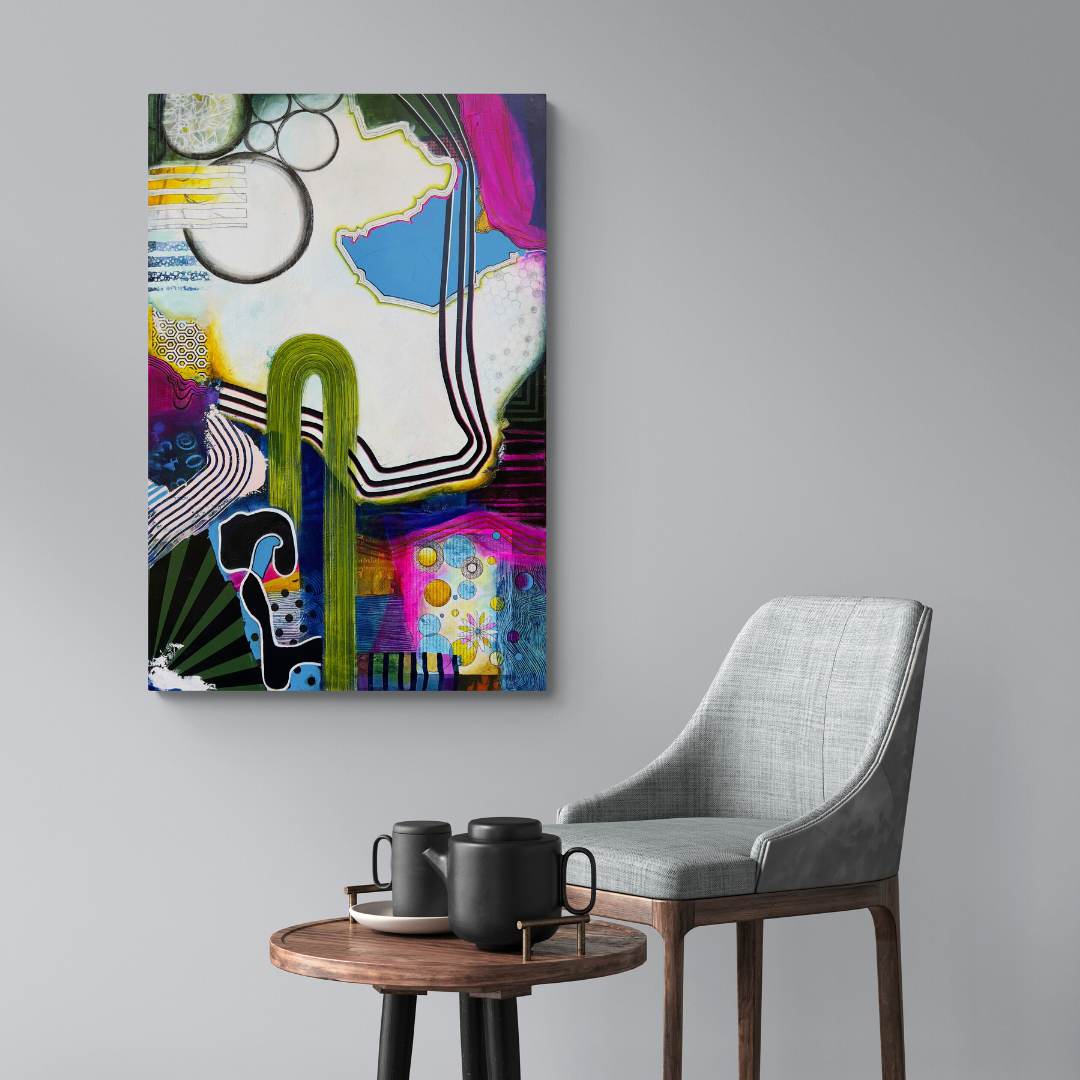 MEANDERING by Mary-Jo Lough, 24" x 36" abstract artwork on a wall in a room inviting contemplation of life's journey with flowing lines and a central vessel.