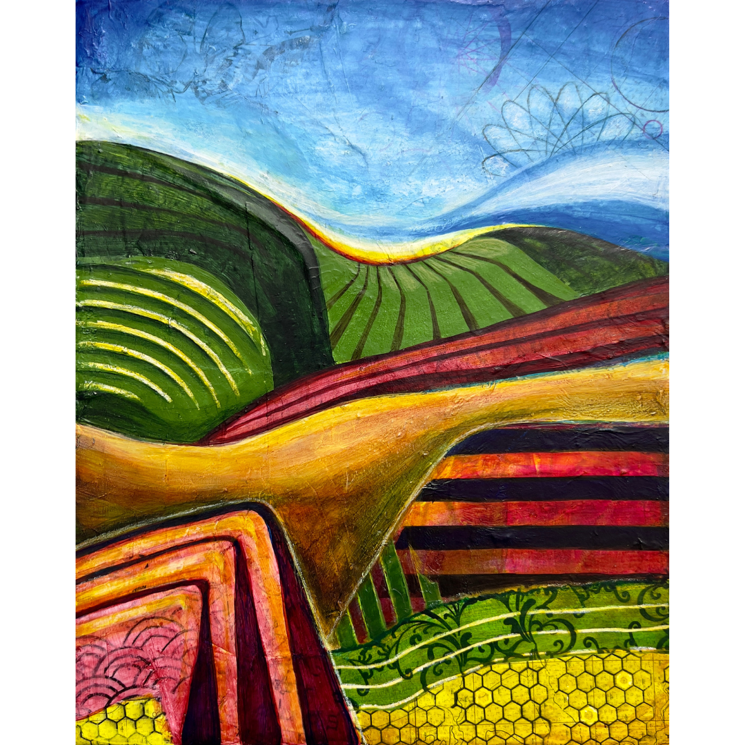 ROLLING PATCHWORK by Mary-Jo Lough, 8" x 10" abstract artwork depicting undulating hills and flowing skies, inviting reflection on nature.