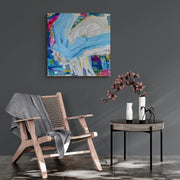 UNBOUND by Mary-Jo Lough, 30" x 30" abstract artwork on a wall in a room capturing the essence of lightness and freedom with heart-shaped elements.